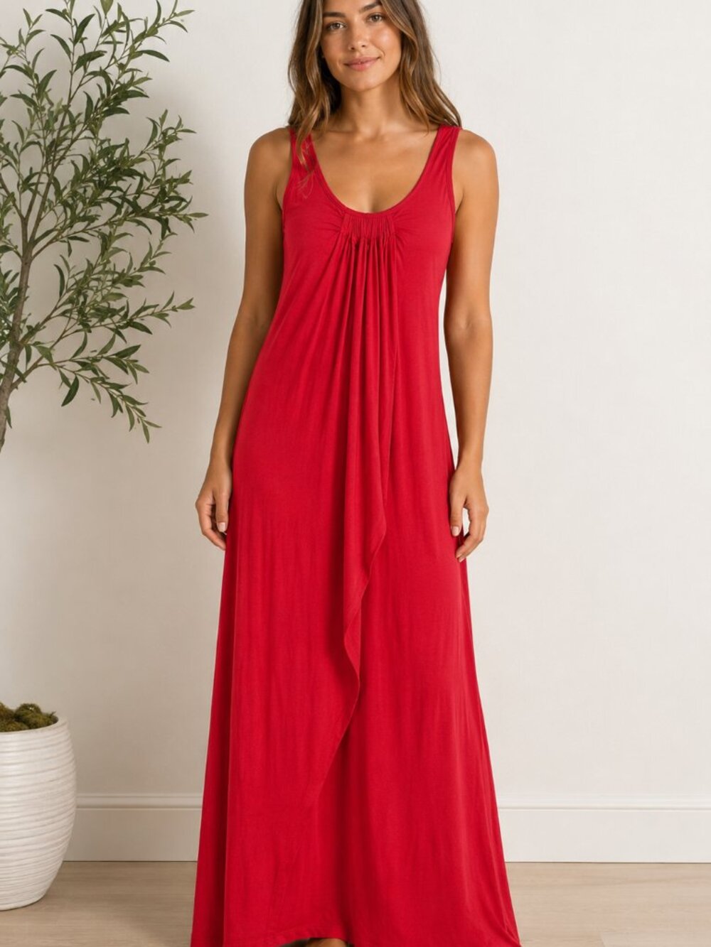 Loveappella Red Sleeveless Ruched Maxi Dress Size L